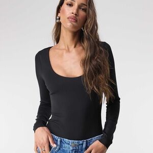 Good American Scoop neck black thong long sleeve body suit medium scuba style